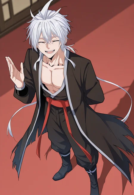 masterpiece, best quality, amazing quality,high resolution,intricate details,official style,depth of field,anime screencap , , , 1boy, solo, male focus,<lora:zhou_yi-fan:0.94>,zhuo-yi fan,white hair,hair tails,smile, open mouth, long sleeves,chinese hanfu,black coat, hair between eyes,standing,red waistband,collarbone, full body, closed eyes,boots, open clothes,torn coat, teeth,black pants, hand up, black footwear, shadow, ^ ^, from above, pectorals,facing viewer, arm behind back