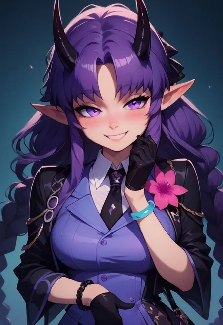 score_9, score_8_up, score_7_up, pretty girl, vivid bright colors, highly sexual poses, pinup art,
patHibiscus, long hair, purple hair, braid, pointy ears, horns, black necktie, purple shirt, black jacket, open clothes, pink flower, long sleeves, bracelet, black gloves, half gloves, black skirt, black pantyhose,
smile, blush, horny,