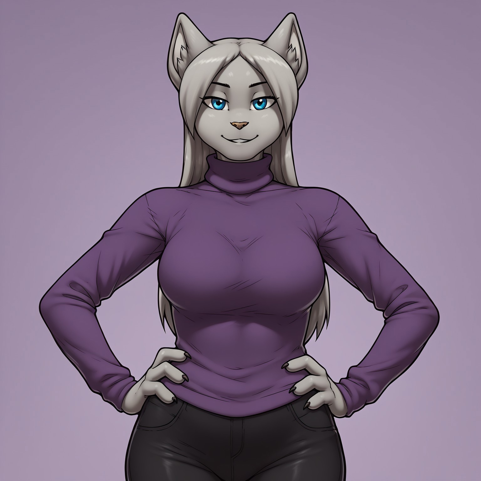 safe_pos, score_9, score_8_up, score_7_up, masterpiece, best quality, highly detailed, realistic, 1girl, solo, AgathaJW, furry, anthro, feline, female furry, grey inner ear, inner ear fluff, black eyebrows, thin eyebrows, light-brown nose, grey hair,  long hair, blue eyes, black pupils, grey body, grey fur, grey tail, big breasts, looking at viewer, smile, closed mouth, Expressiveh, purple background, simple background, standing, (purple turtleneck, black pants, clothed), perfecteyes, three-quarter portrait, hand on hip, 4 fingers)
