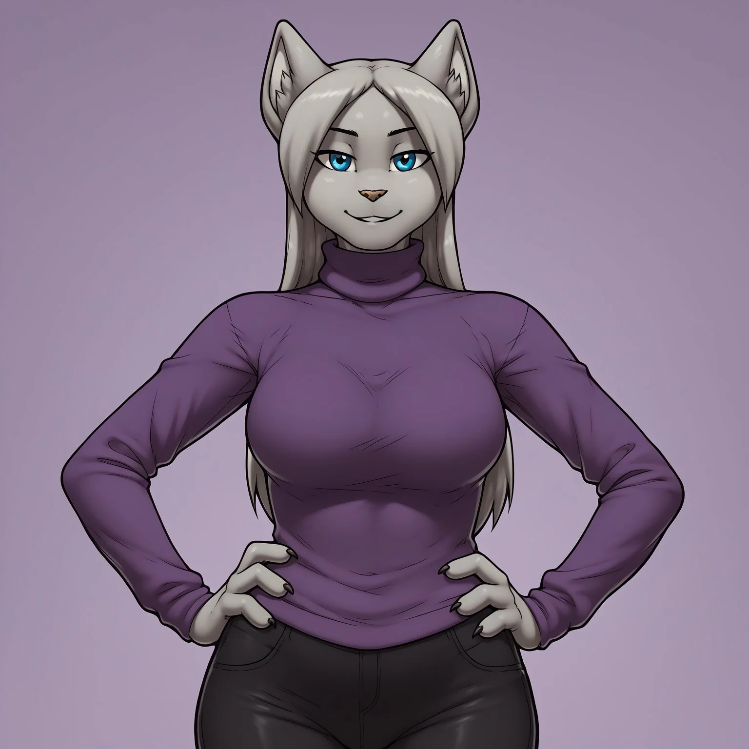 safe_pos, score_9, score_8_up, score_7_up, masterpiece, best quality, highly detailed, realistic, 1girl, solo, AgathaJW, furry, anthro, feline, female furry, grey inner ear, inner ear fluff, black eyebrows, thin eyebrows, light-brown nose, grey hair, long hair, blue eyes, black pupils, grey body, grey fur, grey tail, big breasts, looking at viewer, smile, closed mouth, Expressiveh, purple background, simple background, standing, (purple turtleneck, black pants, clothed), perfecteyes, three-quarter portrait, hand on hip, 4 fingers)