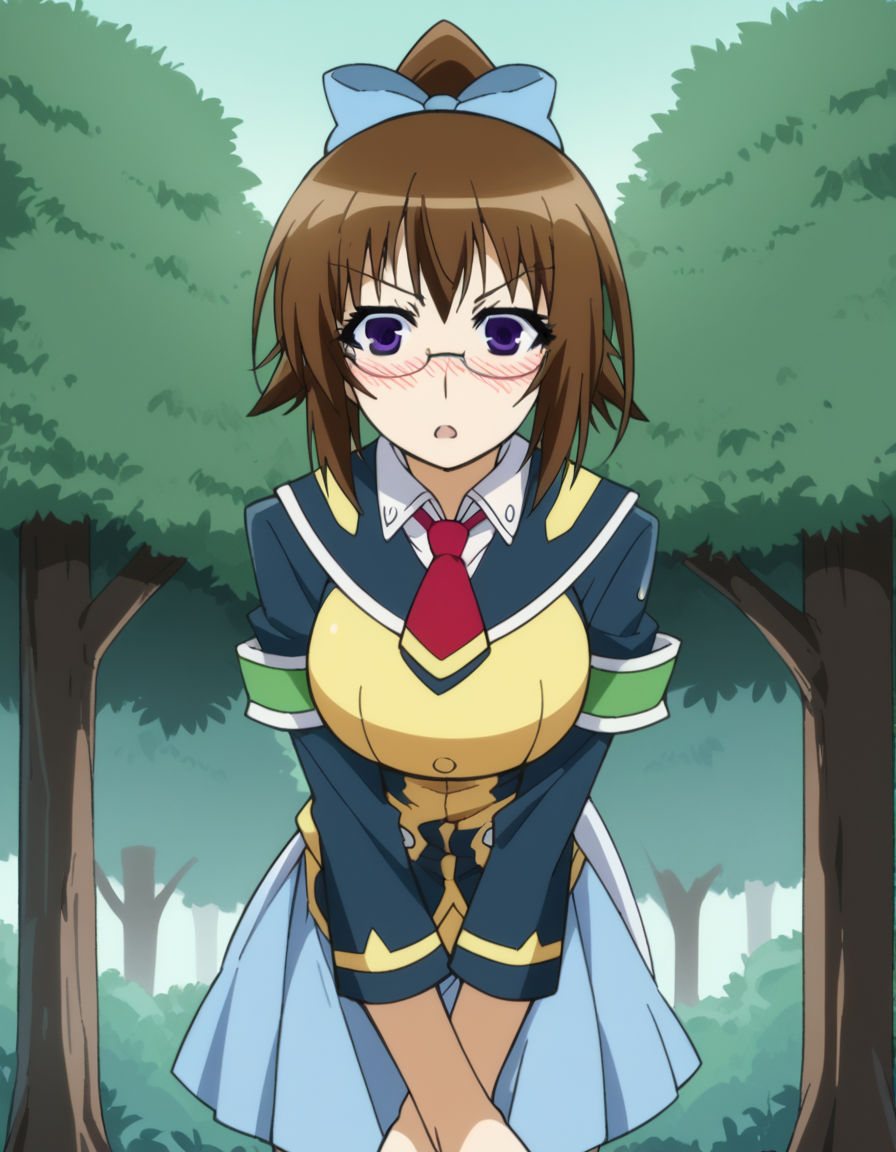 score_9, score_8_up, score_7_up, source_anime, <lora:mogana-kikaijima-s2-ponyxl-lora-nochekaiser:1>, mogana kikaijima, brown hair, purple eyes, ponytail, glasses, hair bow, blue hair bow, large breasts,, skirt, school uniform, necktie,, treehouse, tree, wood, nature, height, , <lora:x-arms-ponyxl-lora-nochekaiser:1>, x arms, blush, open mouth, leaning forward,, looking at viewer, solo,, dutch angle, cowboy shot