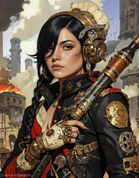 By Phandigrams.
A fierce steampunk woman with braided black hair wearing a leather jacket covered in brass studs and intricate gear patterns. She carries a steam-powered rifle slung over her shoulder and has mechanical gauntlets on both hands. The background is a battle-scarred industrial wasteland filled with smoke and fire, dynamic pose, epic lighting, highly detailed.