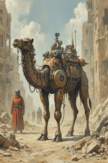 A captivating conceptual art piece, set in a dark fantasy, post-apocalyptic world. The primary focus is a mechanized camel, adorned with futuristic gadgets and tools, standing proudly in a desolate desert landscape. The camel is surrounded by debris and the remains of dilapidated buildings, hinting at a once-thriving city. To the left of the camel, a mysterious figure in a red robe and protective gear stands, giving off an air of authority. In the background, the atmosphere is tense, with a few distant figures possibly representing explorers or inhabitants of this forsaken world. The overall tone of the artwork is dramatic and cinematic, with a strong emphasis on the dystopian setting and the intricate mechanical camel., painting, conceptual art, poster, cinematic, dark fantasy