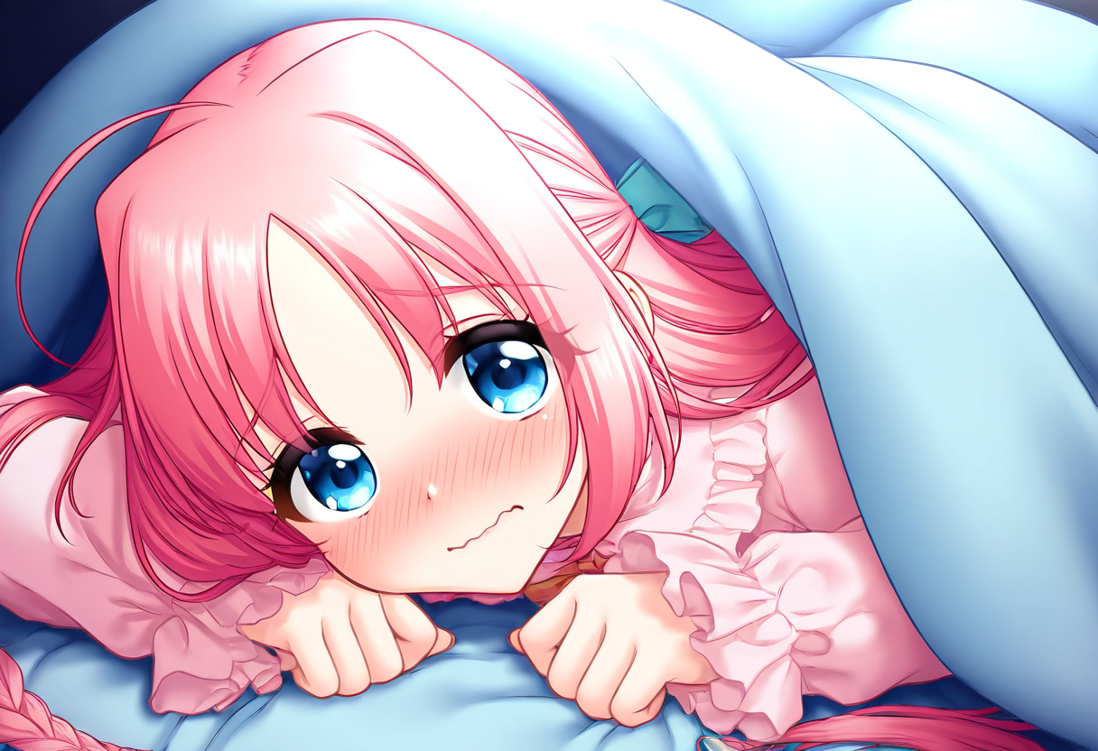 <lora:miyaIL:0.8>m1ya,solo,long hair,blush,blue eyes,ribbon,pink hair,braid,ahoge,pajamas,wavy mouth,blanket,under covers,blush, very awa, masterpiece, best quality, amazing quality, very aesthetic, absurdres, sensitive, newest <lora:spo_sdxl_10ep_4k-data_lora_webui:0.7>,