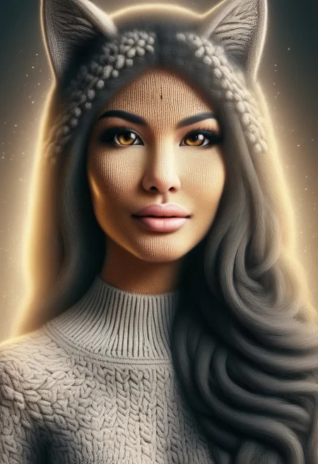Cambodian woman, asian features, long hair, small waist, fitness body, toned muscle, An extreme photorealistic upper body shot of a cat girl with mesmerizing golden eyes and slit pupils. She has long, flowing two-tone hair, white and black, with striking, unrealistic beauty. Her pink lips curve slightly to reveal sharp fangs, and her long fingernails are a key feature of her sleek cat suit. Include tiny imperfections like pores, faint freckles, and slight skin texture variations to add realism. Realistic lip texture with soft lines, slight gloss, and natural color variation. Realistically detailed tear ducts, slightly moist, enhancing the natural appearance of the eyes. Faint, barely visible veins under the eyes, adding depth and authenticity to the skin. Individually rendered eyebrow hairs with natural variation in direction, length and thickness. Variation in hair strand thickness, with some thinner and finer than others, Shadows that move with the character, responding to her position and the light source accurately, 28 YEARS OLD, wrinkles, cat girl, YELLOW EYES, CAT EYES, denise, catgirl, Gothic castle, lively, luminescent, Majestic castle, big eyes, EmeraldMorphSDXL, ChristmasSweater.