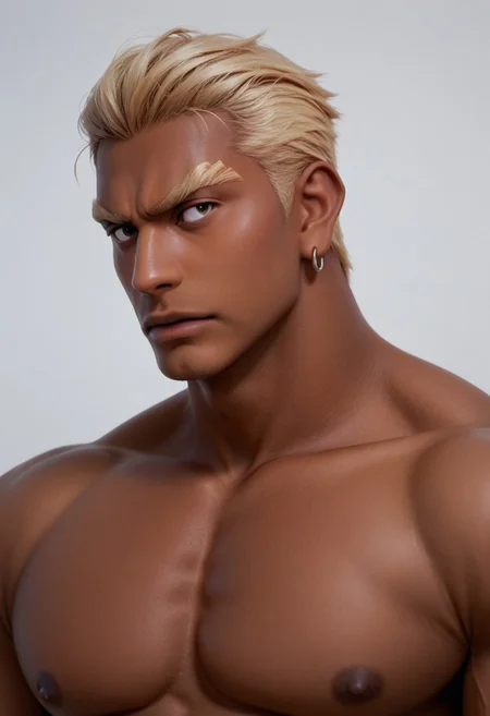 score_9, score_8_up, score_7_up, gamagori_ira, bara, blonde hair, dark skin, short hair slicked back, earrings, muscular, thick neck, shirtless, portrait