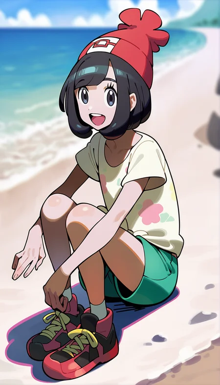 score_9,score_8_up,score_7_up,
<lora:selene:0.9>,pm_selene,
realistic,1girl,solo,
black hair,short hair,bangs,
grey eyes,looking at viewer,open smile,
red beanie,
yellow short sleeves shirt,collarbone,tied shirt,a white tank top worn under the shirt,
green shorts,red sports shoes,
full body,sitting,
blurry background,simple background,outdoors,sea,