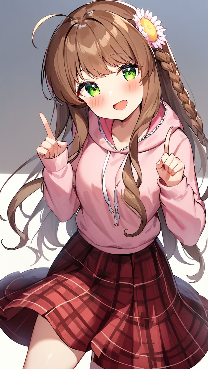 masterpiece,best quality,very aesthetic,absurdres, <lora:XL kanbe_kotori:1>,1girl,kanbe_kotori,solo,Standing on the ground,frontal,front view,Positive por,masterpiece,best quality,very aesthetic,absurdres, kanbe_kotori, 1girl, solo, open mouth, smile, simple background, hood, casual, flower, ahoge, happy, skirt, pink hoodie, ^ ^, index fingers raised, white background, facing viewer, hoodie, hood down, :d, blush, index finger raised, red skirt, head tilt, plaid, standing, plaid skirt, hands up, sidelocks, cowboy shot, pink flower, alternate costume, eyelashes, white flower, collarbone, official alternate costume