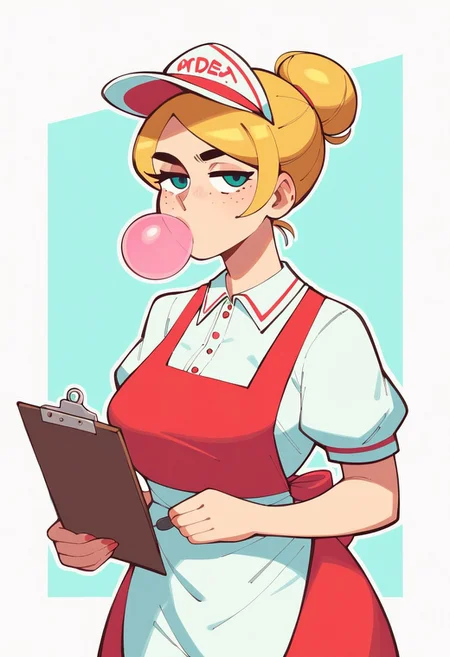 riz, score_9, score_8_up, score_7_up, score_6_up, score_5_up, score_4_up, vintage, 50's, portrait,
1girl, freckles, bored, chewing_gum, breasts, single_bun, blonde_hair, clipboard, diner waitress, hat, apron, striped_dress,
simple background, outline,