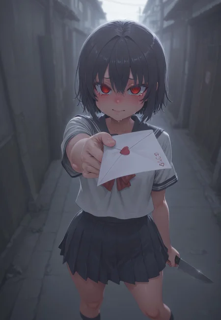 yandere, love letter, rejection, crying with knife on hands, dynamic composition, rejection, ripped love letter, japanese school uniform, japanese school, outdoors, ((8k, Ultra HD)), (foreshortening:2), depth of field, ((Detailed background :1.5)), ((Masterpiece)), ((Best quality)), ((Detailed)), amazing quality, very awa, highres, absurdres, anime, contrapposto, artist:asanagi, god rays, side view