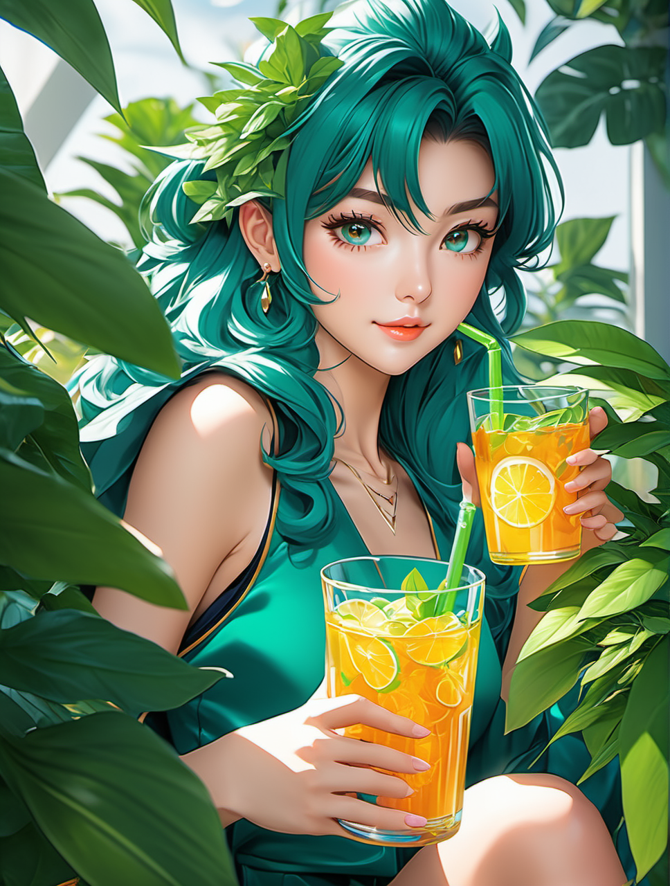 comic  <lora:duchaitenAiartSDXL_v10.FFai.lora:1>   (High quality Professional Photo:2) (Ultrarealistic:2),a glass pitcher with a plant inside of it, anime girl drinks energy drink, sprite art, anime visual of a cute girl, made with anime painter studio, splash art anime, anime art, (anime girl), beautiful anime girl, beautiful anime art, beautiful anime artwork, anime picture, beautiful anime woman, made of drink, anime goddess, anime illustration,ultra-realistic smooth edges, ((antialiasing smooth edge quality:1.2)),anti-aliasing    . graphic illustration, comic art, graphic novel art, vibrant, highly detailed