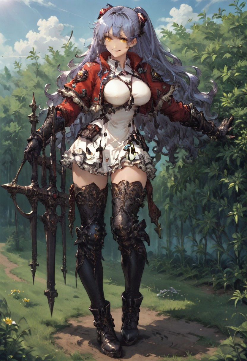 safe_pos, safe_pos, score_9, score_8_up, score_7_up,source anime,highly detailed, from side,perfect face,smiling, looking at viewer,elsirelle, 1girl, solo, yellow eyes,long hair, breasts, looking at viewer, ,large breasts, thighhighs, full body, red_jacket open, field, outside, sky,white_short_dress,kneeguard, boots, 