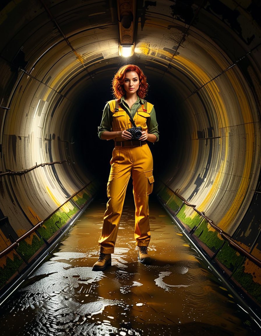A young woman, April O'Neil, stands confidently in front of a large, circular sewer pipe,L4rg3 s3w3r p1p3. She has vibrant red, shoulder-length wavy hair and wears her iconic bright yellow jumpsuit with utility-style details, such as rolled-up sleeves and visible pockets. A brown utility belt is fastened around her waist. She holds a microphone or a small camera in one hand, highlighting her role as a journalist. Her expression is determined and slightly smiling, radiating courage and curiosity.
The sewer pipe behind her is massive and weathered, with green moss and moisture stains around its edges. The interior of the pipe is dark and shadowy, while the exterior is illuminated by soft natural light. There is a small puddle of water or wet ground in front of the pipe, reflecting faint light.
The background features an urban, industrial setting with worn brickwork surrounding the sewer opening, showing signs of age and decay. Small wild plants and grass grow around the base, adding a touch of nature to the scene.
The lighting is soft and dramatic, with natural sunlight streaming in and casting gentle reflections on the ground and inside the pipe. The image is styled as a semi-realistic illustration with vivid, bright colors for April O'Neil, contrasting with the muted, earthy tones of the background. The overall mood is adventurous and cinematic.<lora:SDXLFaeTastic2400:0.4> <lora:extremely_detailed:0.4> extremely detailed, <lora:L4rg3_s3w3r_p1p3:1>, Masterpiece,best quality,hi res,8k,hi res,8k,award winning,(sharp focus, intricate, highly detailed),