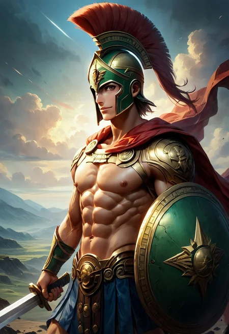 score_9, score_8_up, score_7_up:1.4), masterpiece, Expressive, ultra detailed, (anime style), (perfect anatomy), Face Details:1.8, male focus, abs focus, 1man, male, solo, handsome face, detailed face, clean shaven, (detailed eyes, perfect eyes, hazel eyes), blonde hair, long hair, Greek facial features, lean body, slender, sexy stomach, (bare chest), Spartan helmet, red cloak, large round shield, Spartan symbols, holding long sword, long sword in hand, sword held by pommel, perfectly glossy skin, perfect body proportion, natural lighting, extremely detailed, best quality, highly detailed, intricate details, ancient ancient battle field, green landscape, action pose, dynamic pose, battle pose, attack pose, (looking at viewer, sexy smirk, cocky look,), facing viewer