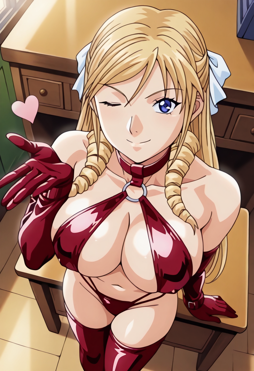 1girl,Leona Morimoto,long hair,blonde hair,drill hair,blue eyes,hair ornament,bondage swimsuit,red swimsuit,one piece swimsuit,thigh high boots,red boots,bondage collar,long red gloves,From above,Blowing a kiss,(looking at viewer:1.1),Wink, playful expression, teasing,Co-working space, desks, plants, natural light,Sunrise,Breezy, mild, smooth,masterpiece,best quality,newest,absurdres,highres <lora:Leona_Morimoto_-_Illustriousv3.0:1.0>