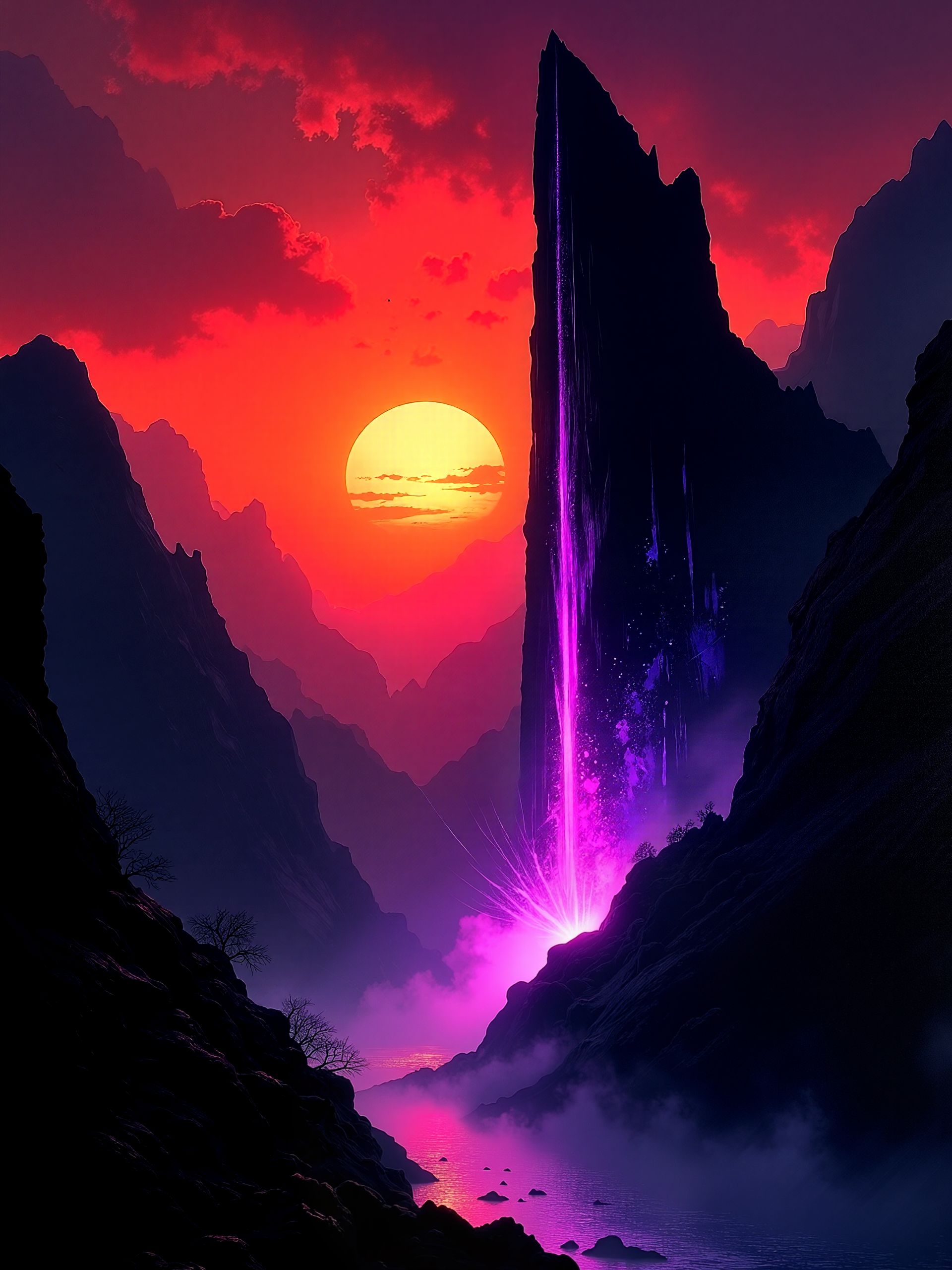 famous artwork, absolute masterwork, classical oil painting, oil on canvas, traditional media, science fiction landscape in the style of a masterful surreal oil painting, a narrow alien valley enclosed by steep jagged mountains, glowing mist creeping along the base, the distant sky scorched with intense red-orange light from a low alien sun just above the horizon. in the center of the composition, a towering black monolith rises from the misty riverbed, impossibly smooth and angular, its razor-sharp edge catching and refracting the sunlight, emitting a surreal violet-pink inner glow along one face. the light cascades like molten energy down the vertical edge of the structure, scattering in prismatic flares and casting reflections on the mist below. wide shot from low ground level, emphasizing the towering scale and symmetry of the monolith between the enclosing cliffs. soft but high-contrast lighting, surreal atmosphere with glowing particle effects, oil painting textures with visible brushstrokes in the clouds and mountains, subtle iridescence on glowing surfaces. painted with thick oils on canvas, enhanced with digital glazing techniques to boost luminosity and surreal color gradients, ovg, style of rembrandt, vantablack, <lora:style-rembrandt-flux-by_tangbohu:0.44> <lora:vantablack-v2-flux-by_tijuanaslumlord:0.88>