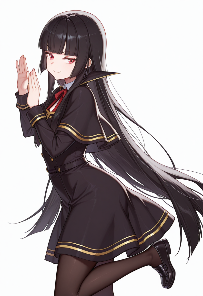 Smooth Quality,masterpiece,very intricate, high quality details, ultra realistic, high detailed skin,detailed enviorement,absurdres,
vulcan salute,
 <lora:Atre_CNR:0.8> atre_cnr, 1girl, black hair, very long hair,blunt bangs, red eyes,black dress,black capelet, pantyhose, long sleeves, ribbon, shoes,, simple background, white background, from side,solo,, smug,
