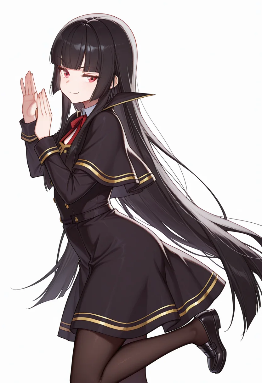 Smooth Quality,masterpiece,very intricate, high quality details, ultra realistic, high detailed skin,detailed enviorement,absurdres,
vulcan salute,
<lora:Atre_CNR:0.8> atre_cnr, 1girl, black hair, very long hair,blunt bangs, red eyes,black dress,black capelet, pantyhose, long sleeves, ribbon, shoes,, simple background, white background, from side,solo,, smug,