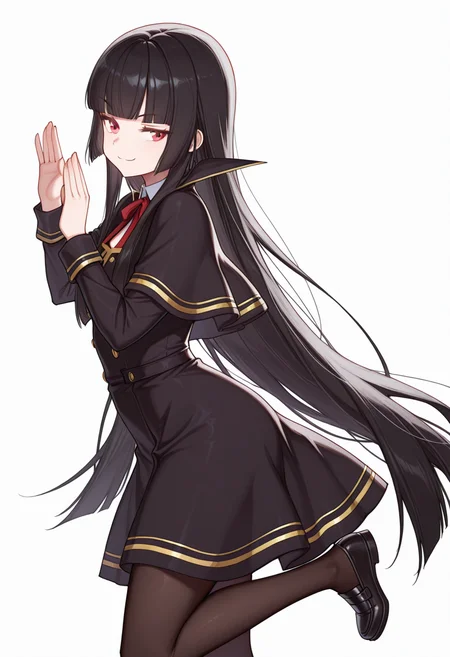 Smooth Quality,masterpiece,very intricate, high quality details, ultra realistic, high detailed skin,detailed enviorement,absurdres,
vulcan salute,
 <lora:Atre_CNR:0.8> atre_cnr, 1girl, black hair, very long hair,blunt bangs, red eyes,black dress,black capelet, pantyhose, long sleeves, ribbon, shoes,, simple background, white background, from side,solo,, smug,