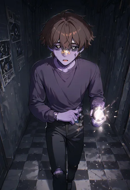 masterpiece, best quality, amazing quality, very aesthetic, absurdres, newest, detailed background, foreground blur, (( cartoon, )),
michafton, brown hair, short hair, 1boy,, bandaid on face, bandaid on nose, torn clothes,
purple skin, deep purple skin, dark purple skin
purple button shirt, black pants, black tie, long sleeves,
((black sclera,)) black empty eyes dark eyes, white pupils,
, ya_stitches, dark building, holding flashlight, glowing flash light, walking, open mouth, dark room, checkered floor pattern, grey walls, missing posters,