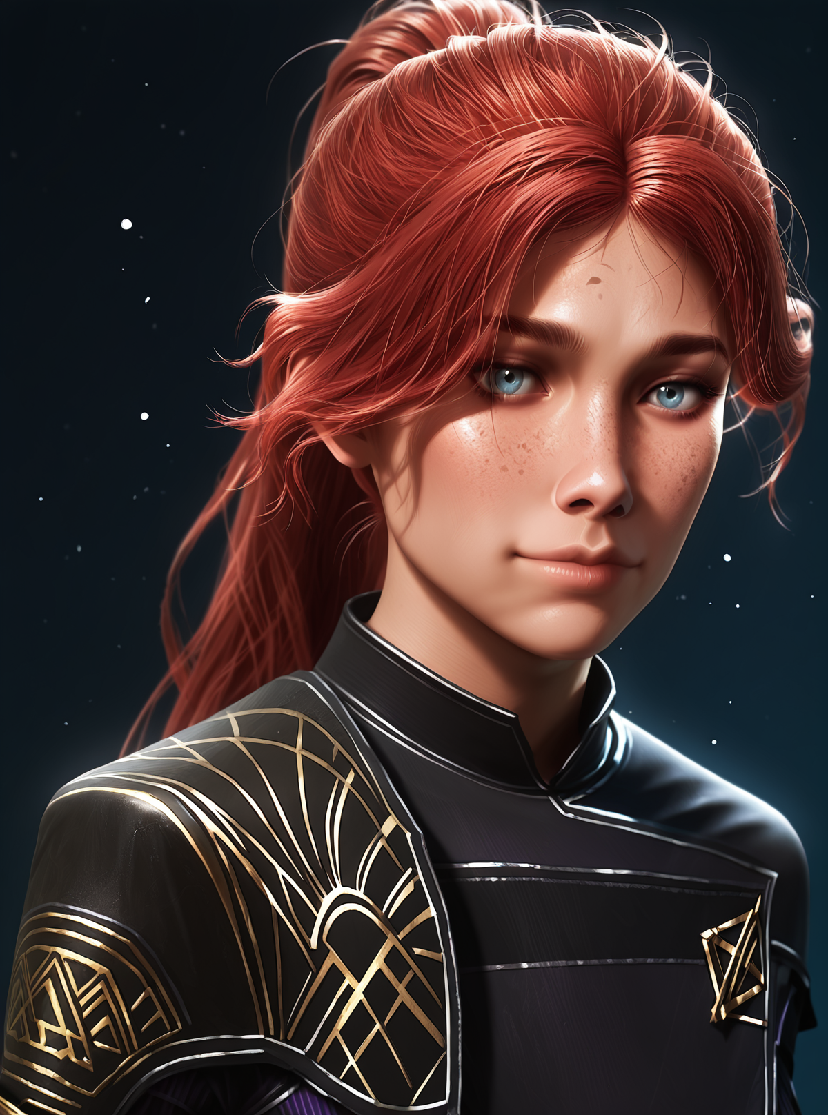 <lora:Maelle__Clair_Obscur_Expedition_33__Illustrious:1>
1 girl, solo, freckles, blue eyes, high cheekbones, narrow jaw, realistic face, long hair, red hair, high ponytail, parted bangs, messy strands,
dark bodysuit, black and purple outfit, long sleeves, gold shoulder armor, shoulder embroidery, geometric patterns, layered outfit, tight pants, tactical straps, fingerless gloves, glowing armband, sci-fi uniform, expedition insignia, 
masterpiece, best quality, intricate details, gothic fantasy, upper body portrait, dramatic pose, confident gaze, cinematic lighting, clean background, glowing magical particles, detailed face, vibrant colors