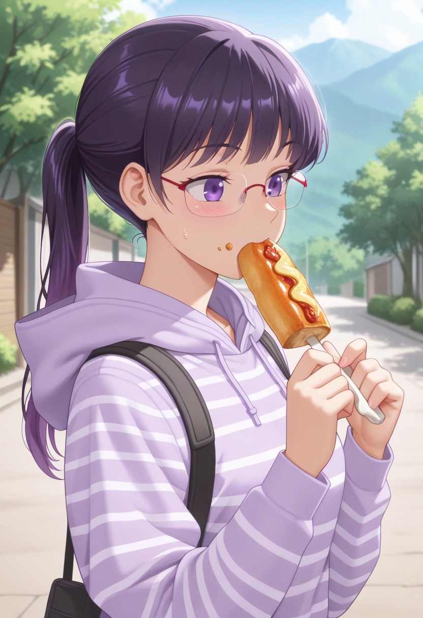 masterpiece,best quality,amazing quality, morizono maria, long hair, purple hair, purple eyes, 1girl, glasses, solo, food, hood, outdoors, ponytail, eating, shiny hair, shirt, striped, holding, upper body