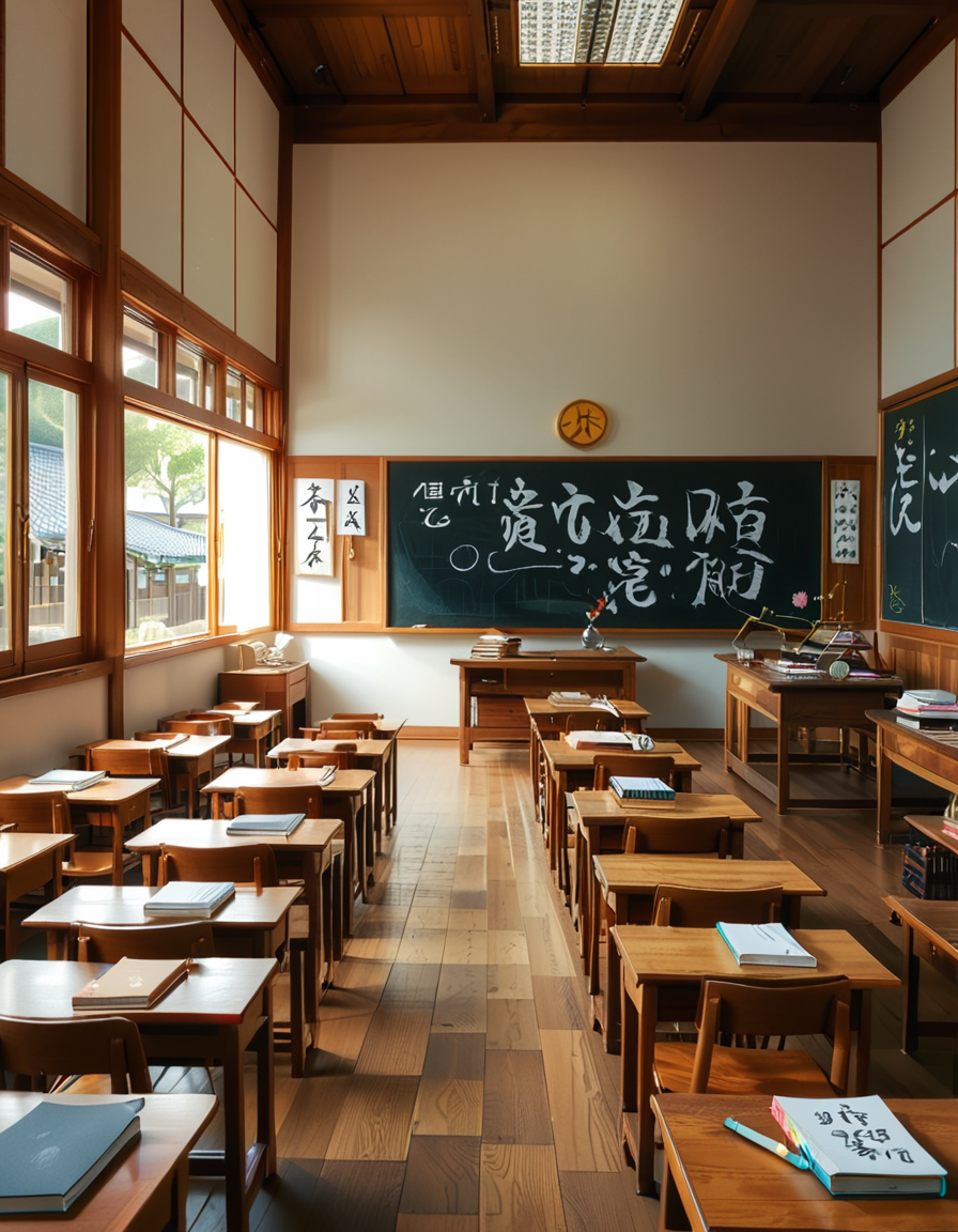 A traditional Japanese classroom during daytime, filled with wooden desks and chairs neatly arranged in rows. Large windows on one side let in natural light, showing a view of cherry blossom trees outside. The room has a chalkboard at the front with neatly written Japanese characters, and a teacher's desk with books and stationery. Educational posters with kanji and hiragana hang on the walls, alongside a clock above the board. The floor is polished wood, reflecting the soft sunlight. The atmosphere is calm and orderly, evoking a nostalgic and warm feeling. The image is highly detailed, realistic, and well-lit, capturing the traditional Japanese school environment.
<lora:SDXLFaeTastic2400:0.4> <lora:extremely_detailed:0.4> extremely detailed, <lora:Japanese_cl4ssr00m:1>,Japanese cl4ssr00m, Masterpiece,best quality,hi res,8k,hi res,8k,award winning,(sharp focus, intricate, highly detailed),