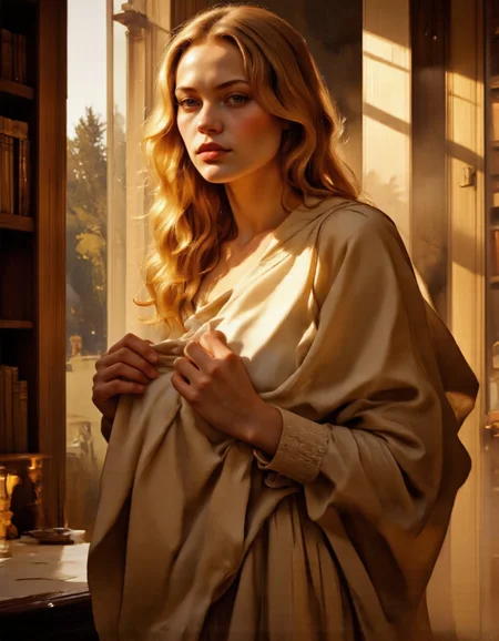 <lora:bear:1>, A breathtaking atmospheric portrait of a blonde woman with long, flowing golden hair that cascades down her shoulders in soft waves. Her gaze is serene yet captivating, exuding confidence and grace. She wears an oversized, flowing robe or cloak that drapes elegantly over her body, partially concealing her chest while emphasizing her feminine silhouette. The fabric of the garment is rich and textured, with subtle folds and creases that add depth to the composition., The lighting is warm and golden, reminiscent of late afternoon sunlight streaming through large windows or an open doorway, creating highlights in her hair and casting gentle shadows across her face. The background features a grand, timeless interiorâa library filled with towering bookshelves, shafts of light piercing through the dusty airâor perhaps a quiet garden bathed in soft hues of sunset., Her pose is relaxed but poised, hands resting lightly on the fabric as if adjusting it absentmindedly. The overall mood is one of elegance, mystery, and calm allure, blending classical beauty with modern sophistication, <lora:Guin-FluxX:1>, Guin