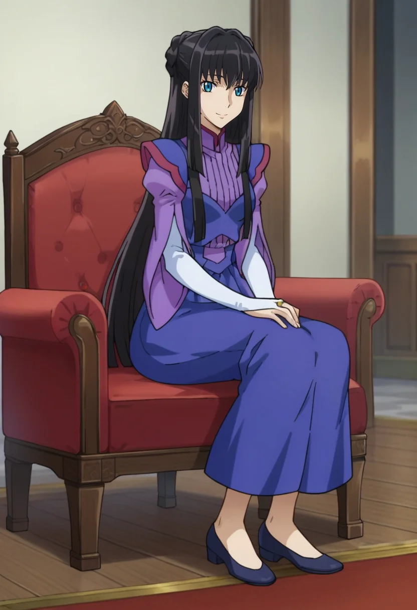 score_9,score_8_up,score_7_up,score_6_up,score_5_up,score_4_up,anime coloring BREAK source_anime,anime,<lora:Marina_Ismail_Gundam_00_Pony:0.8>,marina,1girl,solo,black hair,long hair,double bun,sidelocks,two-tone dress,bridal gauntlets,pants,shoes,smile,sitting,indoors,room,chair,looking at viewer,