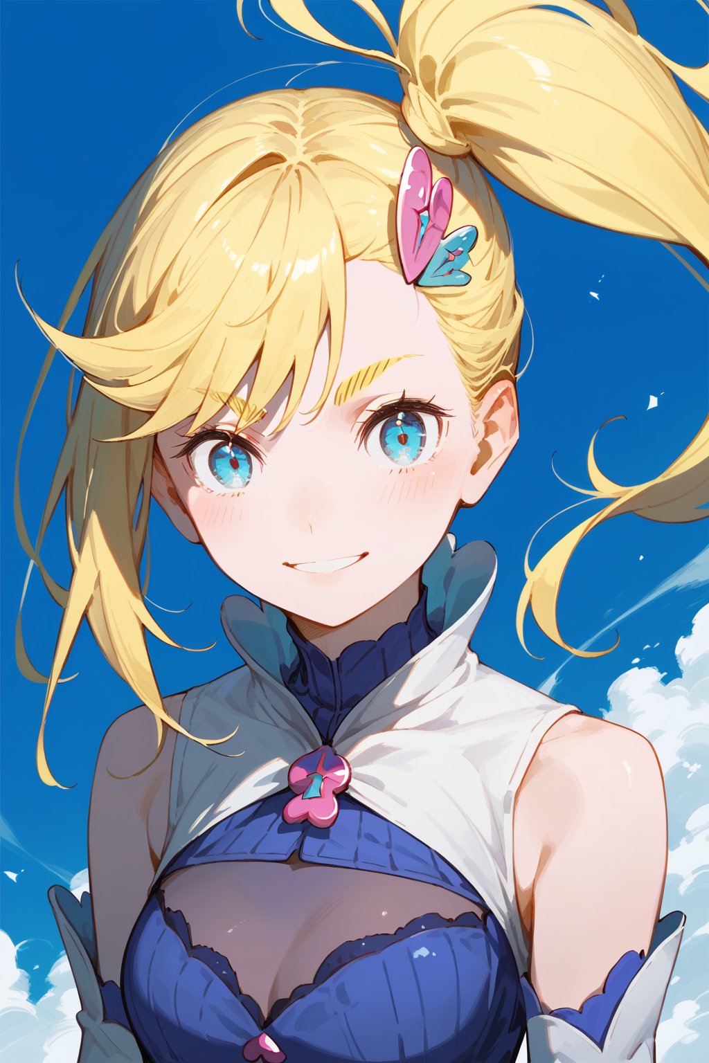 <lora:Minerva_ReZero:1>, blonde hair, blue eyes, minerva, 1girl, solo, side ponytail, hair ornament, long hair, face, detailed face, smile, chest, (score_9,score_8_up,score_7_up)