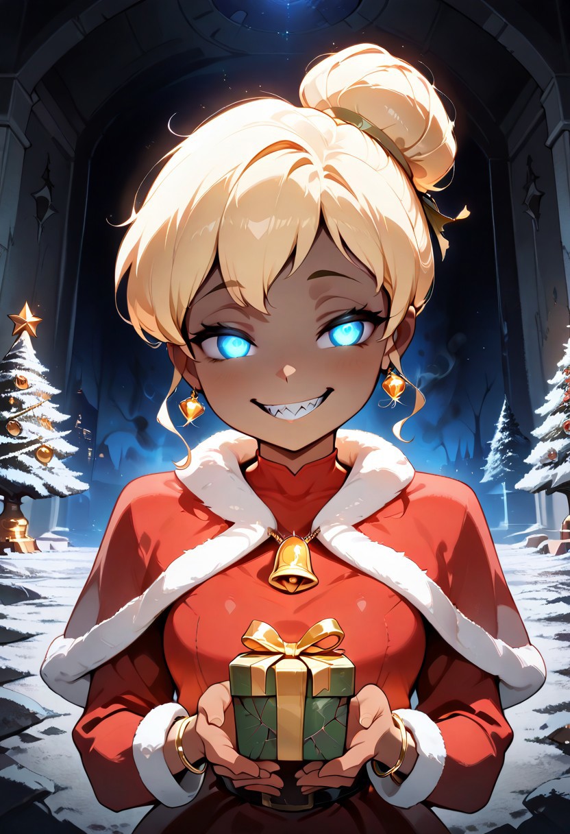 masterpiece, best quality, newest, absurd res, highres, hi res, beautiful, scenic, 1girl, TinkerWaifu, Blonde hair, single hair bun, blue eyes, wearing Red santa dress with a white fur trim, red santa hat with a white fur trim, gold bell bracelet, gold bell necklace, gold bell earrings, holding a present, anime style, dark skin, non-reflective skin, glowing eyes, different sized eyes, iris patterns, ethereal glow, closed eyes, half lidded eyes, wide smile, predatory smile, sharp teeth, white teeth, bust up, waist up, three quarters view, playful expression, energetic pose, space background, clean lines, vibrant colors, semi realistic lighting, horror theme, digital art, concept art, high detail, dramatic lighting, dark light contrast, eerie cuteness, cute and creepy, adorable horror, dark cute, kawaii x horror, Lovecraftian aesthetics, eldritch elements, CR33P1NGF0G, fog, dark, haze, chiaroscuro, low-key, night, foggy, mysterious, in living room, Christmas tree fading out, walls rotting,