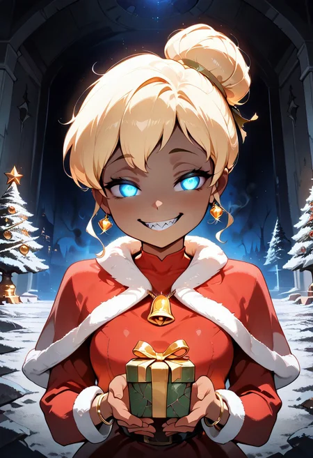masterpiece, best quality, newest, absurd res, highres, hi res, beautiful, scenic, 1girl, TinkerWaifu, Blonde hair, single hair bun, blue eyes, wearing Red santa dress with a white fur trim, red santa hat with a white fur trim, gold bell bracelet, gold bell necklace, gold bell earrings, holding a present, anime style, dark skin, non-reflective skin, glowing eyes, different sized eyes, iris patterns, ethereal glow, closed eyes, half lidded eyes, wide smile, predatory smile, sharp teeth, white teeth, bust up, waist up, three quarters view, playful expression, energetic pose, space background, clean lines, vibrant colors, semi realistic lighting, horror theme, digital art, concept art, high detail, dramatic lighting, dark light contrast, eerie cuteness, cute and creepy, adorable horror, dark cute, kawaii x horror, Lovecraftian aesthetics, eldritch elements, CR33P1NGF0G, fog, dark, haze, chiaroscuro, low-key, night, foggy, mysterious, in living room, Christmas tree fading out, walls rotting,