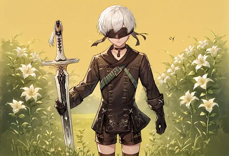 score_9, score_7_up, source_anime, uncensored, head tilt, rotated, yellow background, confused, has bad revision, Thanksgiving, flower field
<lora:NierAutomata_9S_v1.0:1> 9S, 9s (nier:automata), solo, gloves, shorts, black gloves, white hair, black blindfold, black choker, short hair, kneehighs, long sleeves, black jacket, double-breasted, jacket, buttons
<lora:planted_sword:0.8> planted-sword, holding sword