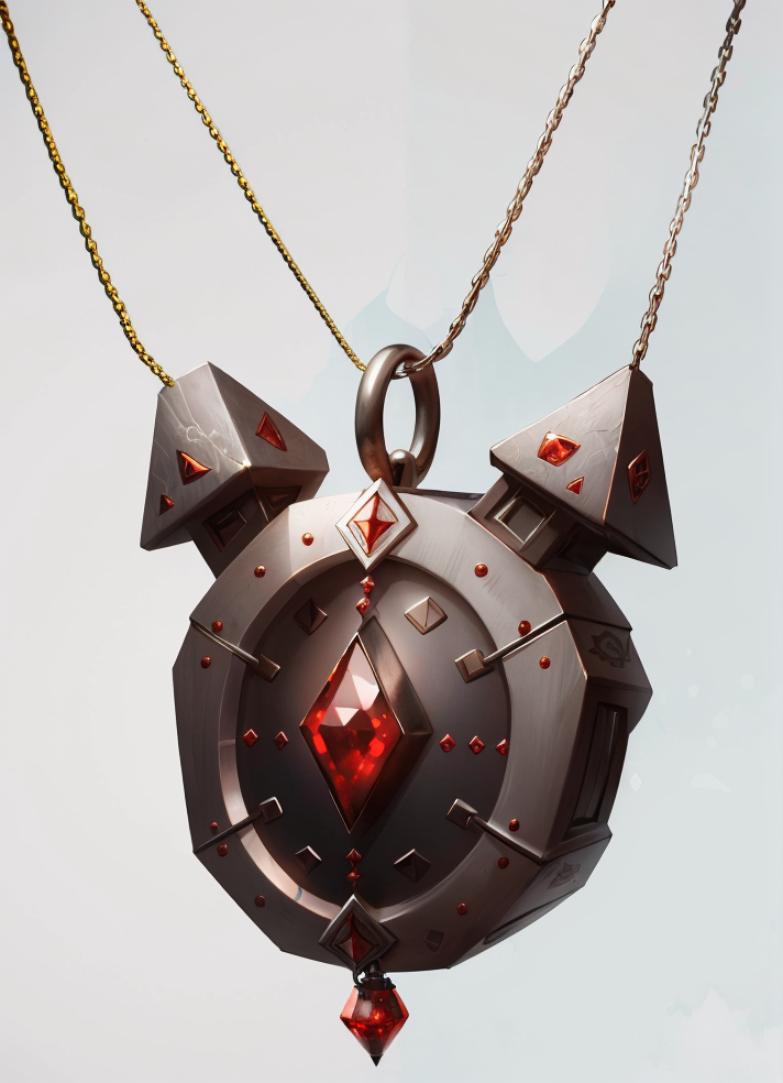 MagicItem_v1 <lora:MagicItem_v1-000002:1> (white background), amulet, (Steel) chain necklace, detailed pendant with red gems and (black runes), mysterious, (dwarven design), simple pendant, masterpiece, professional quality