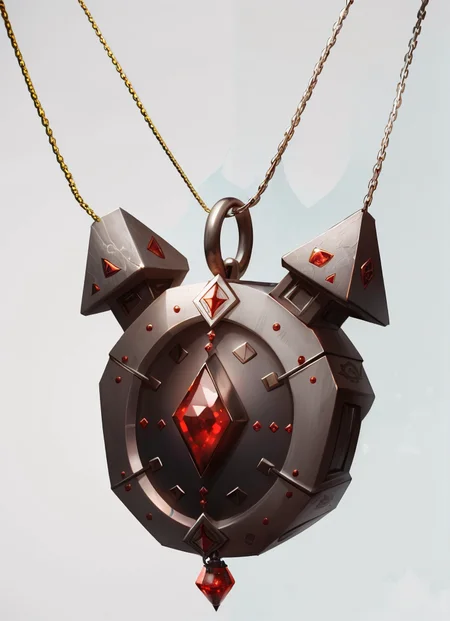 MagicItem_v1 <lora:MagicItem_v1-000002:1> (white background), amulet, (Steel) chain necklace, detailed pendant with red gems and (black runes), mysterious, (dwarven design), simple pendant, masterpiece, professional quality