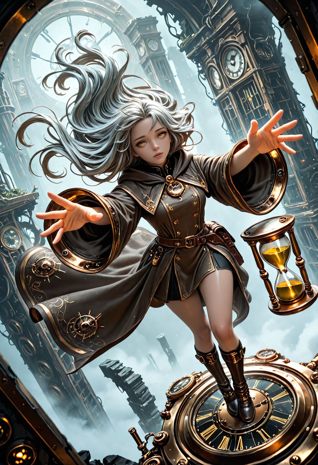 SmoothNoob_Quality,  steampunk. dynamic composition, 1girl, long grey hair, flowing hair, golden eyes, floating, floating hourglass, reaching towards hourglass, tattered robe, glossy skin, looking at viewer, time themed ruins, clocks floating, fog, dynamic light, gold and black tones, high contrast, mystical,  magical atmosphere, foreshortening, cinematic angle, dutch angle, dynamic angle, <lora:Smooth_SteamPunk:0.5>