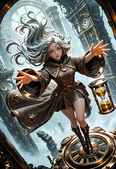 SmoothNoob_Quality, steampunk. dynamic composition, 1girl, long grey hair, flowing hair, golden eyes, floating, floating hourglass, reaching towards hourglass, tattered robe, glossy skin, looking at viewer, time themed ruins, clocks floating, fog, dynamic light, gold and black tones, high contrast, mystical, magical atmosphere, foreshortening, cinematic angle, dutch angle, dynamic angle, <lora:Smooth_SteamPunk:0.5>