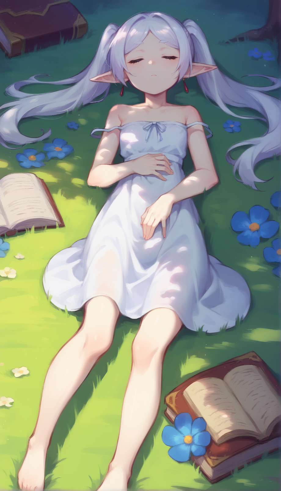 <lora:frieren_nereirfpnxl_pony_v2:1> score_9, score_8_up, score_7_up, score_6_up, BREAK
source anime, nereirfpnxl, frieren, 1girl, sleeping, grass, book, pointy ears, dress, solo, white dress, blue flower, lying, closed eyes, long hair, twintails, elf, strap slip, on back, barefoot, on grass, open book, parted lips, white hair, bare shoulders, outdoors, parted bangs, hand on own stomach, sunlight