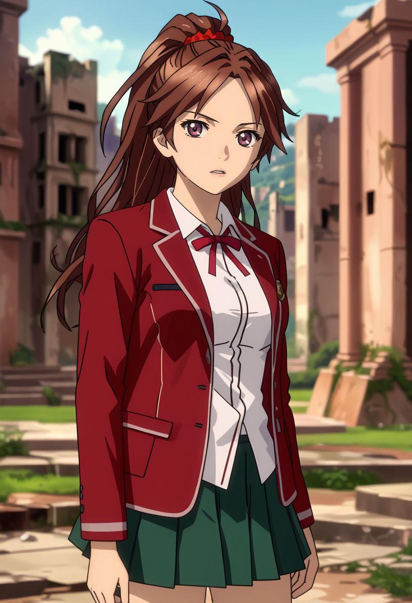 score_7_up, anime screencap,
<lora:GuiltyCrown_ShinomiyaAyaseXL:0.9>,
1girl, parted lips,
long hair, high ponytail, parted bangs, brown hair, purple eyes, hair scrunchie, red scrunchie,
AyaseSchool, blazer, red jacket, white shirt, red ribbon, pleated skirt, green skirt,
standing, looking at viewer, cowboy shot,
blurry background, outdoors, ruins