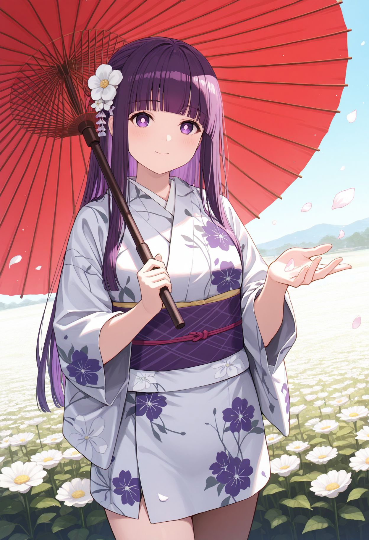 masterpiece, best quality, 1girl, solo, purple hair, long hair, blunt bangs, yukata, kimono, field, flower, flower field, falling petals, petals, white flower, beckoning, reaching towards viewer, cowboy shot, purple eyes, bright pupils, print kimono, japanese clothes, obi, hair flower, short kimono, blue sky, looking at viewer, holding umbrella, oil-paper umbrella, closed mouth, smile
