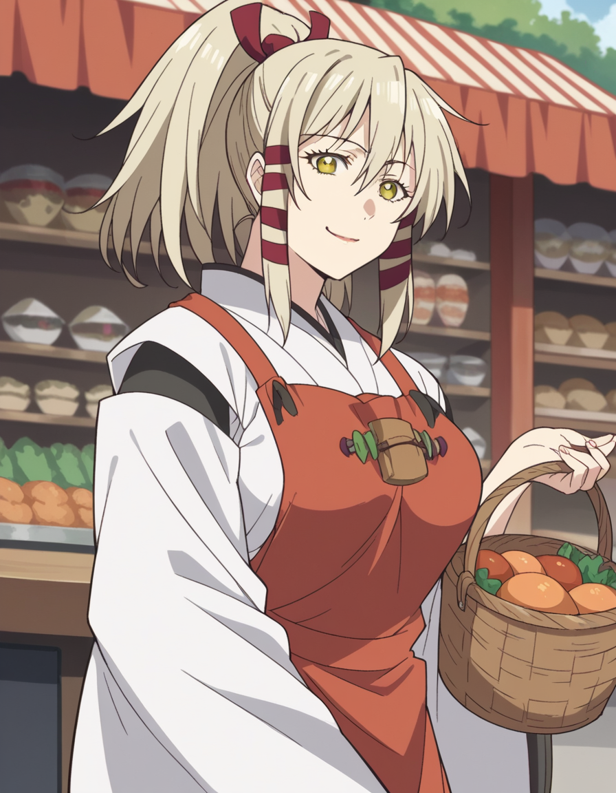 score_9, score_8_up, score_7_up, source_anime, <lora:uka-no-mitama-no-kami-s1-ponyxl-lora-nochekaiser:1>, uka no mitama no kami, long hair, blonde hair, hair ribbon, yellow eyes, ponytail, tress ribbon, large breasts,, japanese clothes, miko, apron, red apron,, farmers market, fresh produce, local vendors, baskets, sunny day, community, , , smug, solo,, cowboy shot, dutch angle,
