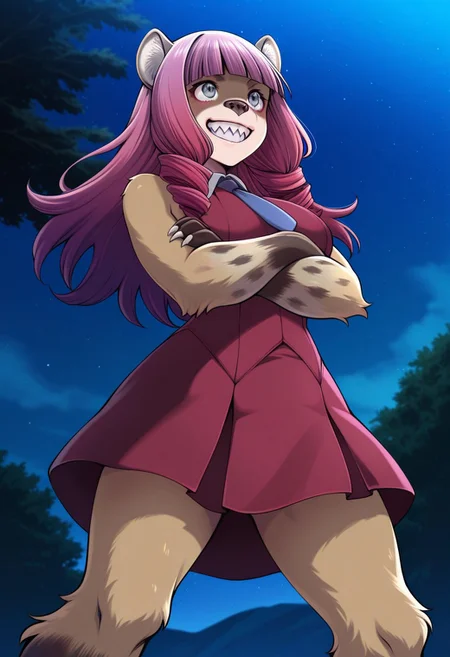 IllusP0s,
1 girl, rat girl, anthro, solo, hyena girl, magenta hair, grey eyes,
Hate_u_Ena, EnaFur, Hyena Body Coloration, EnaEyes, EnaEars, EnaHair, hime cut, long hair, hair drills, EnaNose, Ena teeth, Sharp teeth, EnaArms, animal arms, claws, EnaLegs, animal legs, EnaClothing,
grin, crossed arms, standing,
outdoors, night,