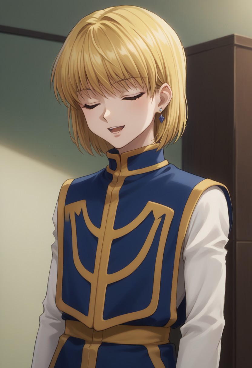score_9, score_8_up, score_7_up, source_anime, highly detailed, 
kurapika, 1boy, male focus, solo, blonde hair, bangs, medium hair, alternate hairstyle, closed eyes, shirt, white shirt, long sleeves, tabard, blue and yellow tabard, pants, white pants,  jewelry, rings, single earring, upper body, looking at viewer, open mouth. smile
outdoor,