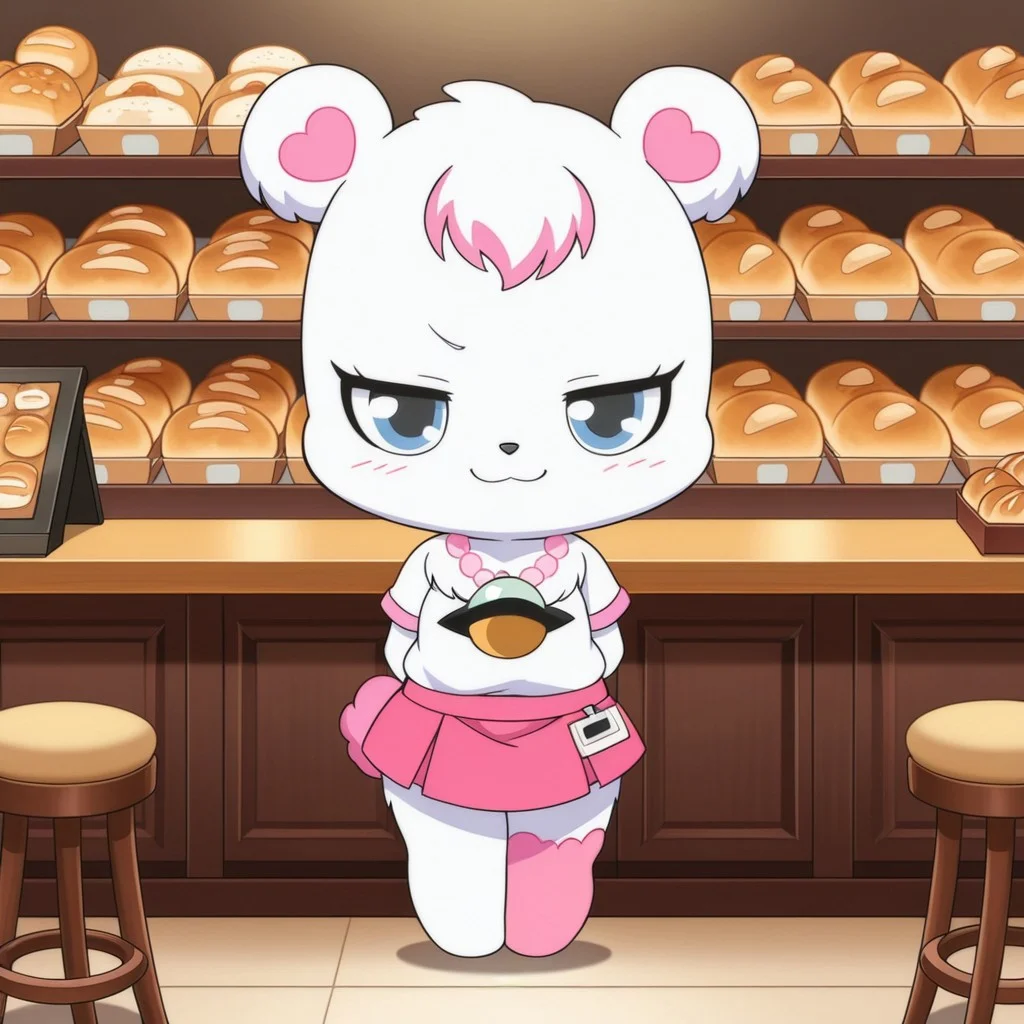 best quality, masterpiece, smirks, Full Body, Romantic, Small 2character, Body, Furry, looking_pleasured,labrajp, chibi, feral, multicolored hair, pink tail, tufted fur, furry, one pink leg, necklace, bear, bakery shop, bakery uniform, bakery outfit, restaurants, lobby smirk at viewer, being cute towards viewer, cashier, uniform, restaurants uniform shirt, restaurants skirt, register, counter, table, booth, stool,
