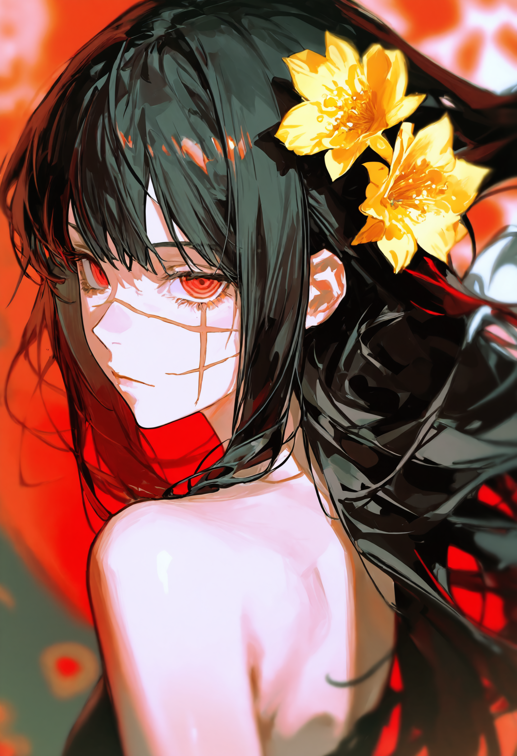 ambient occlusion, depth of field, 1girl, solo, ringed eyes, black hair, long hair, red eyes, cross scar, red background, scar on face, scar, looking at viewer, scar on cheek, flower, closed mouth, bare shoulders, yellow flower, expressionless, from side