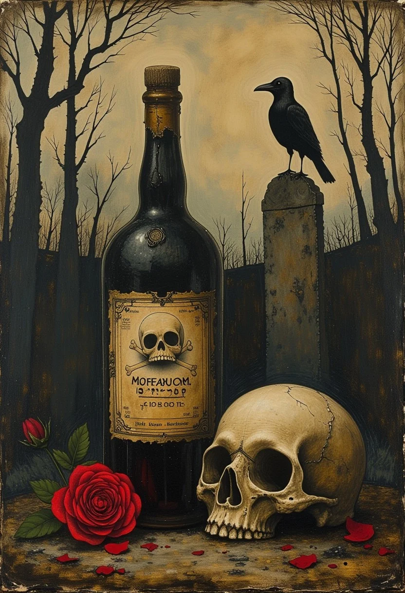 style of John Kenn Mortensen. a spooky graveyard with an old bottle of poison with a skull-and-crossbones design as the primary focus. A skull sits next to the bottle along with a red rose. In the background a raven sits on a gravestone.