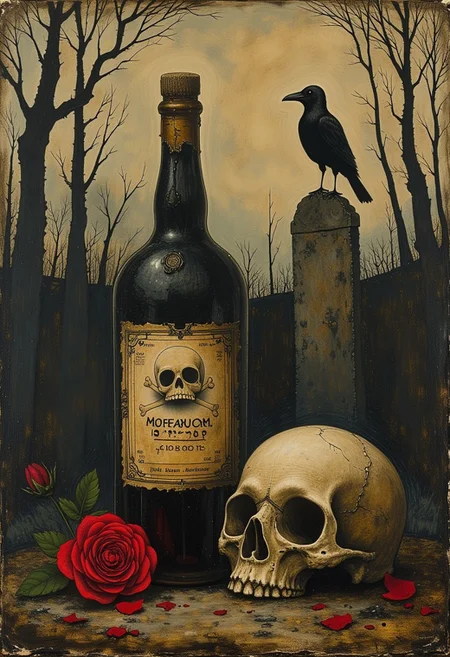 style of John Kenn Mortensen. a spooky graveyard with an old bottle of poison with a skull-and-crossbones design as the primary focus. A skull sits next to the bottle along with a red rose. In the background a raven sits on a gravestone.