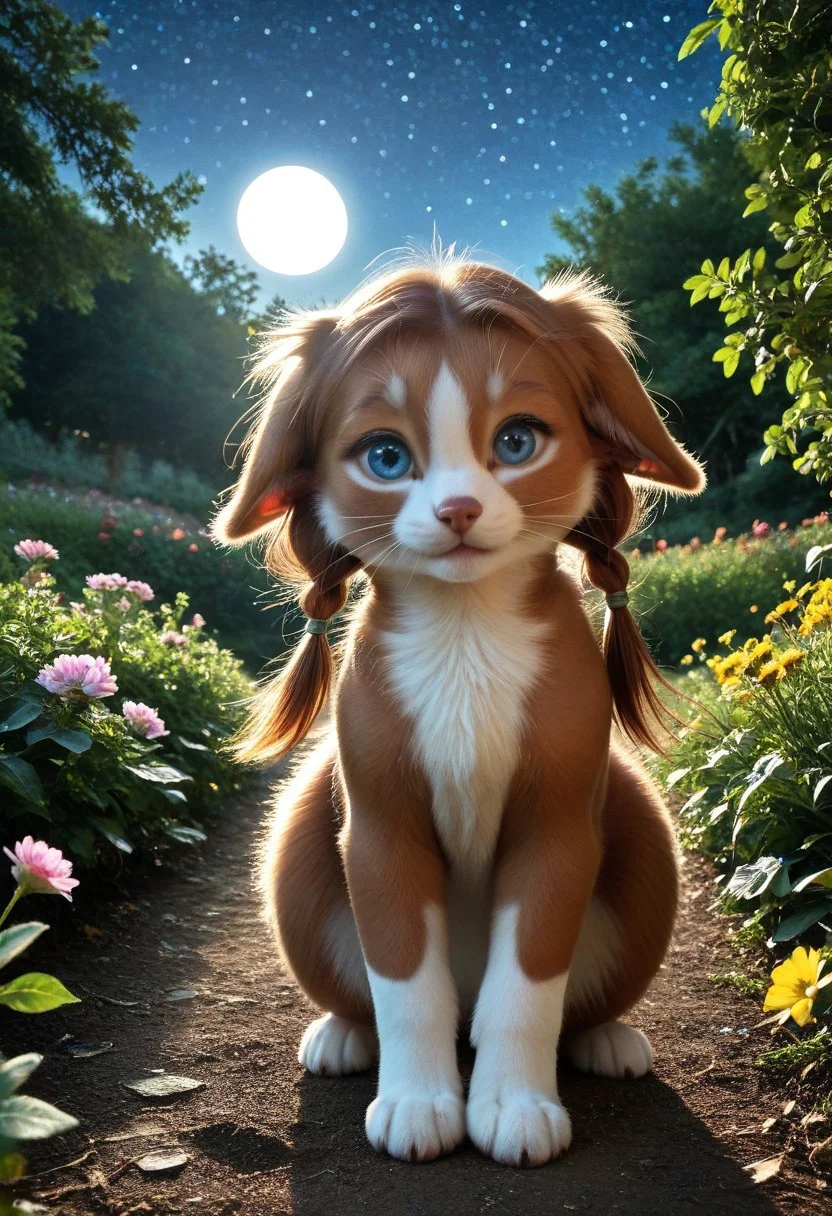 (masterpiece:1.5), 8k, best quality, ultra-detailed, (high res), cinematic lighting, beautiful lighting, high quality, studio quality, detailed, insanely detailed, extreme detail, refined detail, perfect detail, max detail, smooth lighting, detailed background, hyper detailed body, beautiful lighting, vibrant lighting, global illumination, absurdres, high-res, dynamic lighting, score_9, score_8_up, score_7_up, ponypositive, 50 girl, looking at viewer, (narrow waist, skinny, small body, slim), (outdoors, floral garden), bright lighting, daylight, sunshine, cute, kawaii, (closed mouth), happy, ((standing)), alone, gleaming eyes, large eyes, ((cowboy shot)), (hands at the sides), (rating_safe, sfw), source anime, <lora:xl_more_art-full_v1:0.8> , PonyXLV6_Scores, unity 8k wallpaper, perfect anatomy, <lora:PerfectEyesXL:1> , perfect eyes, <lora:hand 5.5:1> , perfect hands, detailed hands, winnie, furry female, brown fur, blue eyes, low twintails, earrings, chibi, night, starry skies, moonlight, large Moon,