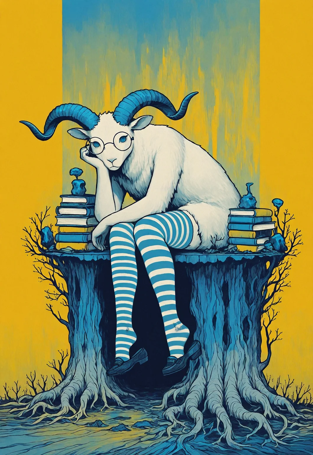 solo, goat horns, sitting, head rest, book stack, book, round eyewear, roots, turning head, looking at viewer, pensive, 1girl, striped thighhighs, shoe dangle, yellow background, blue theme,
lukch, no humans, painting_\(medium\), vdsur, surreal, colored background, high contrast, limited palette,
masterpiece