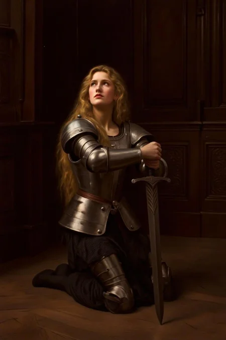 johncollier1 painting.
A young woman, facing directly at the viewer, is dressed in polished medieval armor, kneeling in a dimly lit, richly paneled room. she is holding a broadsword with both hands. She gazes upward with a contemplative expression, her blonde, shoulder-length hair cascading down her back. <lora:johncollier1_cap_d8a4e12:1.0><lora:850617826564675782:0>